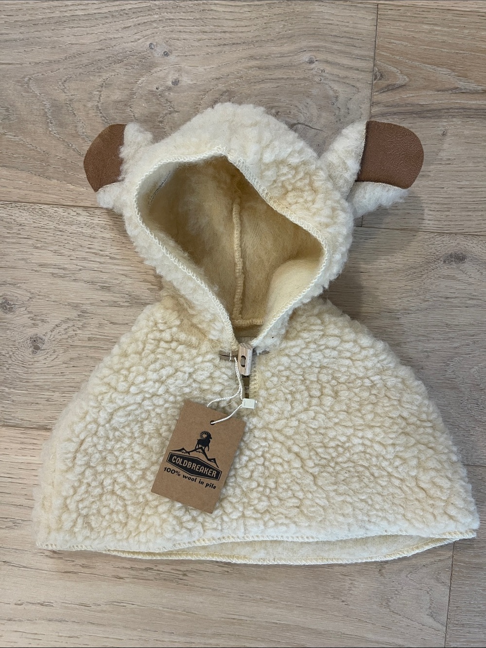 Coldbreaker Cream 100% Wool Baby Hood Cape with Ears Size 0-6 Months NWT